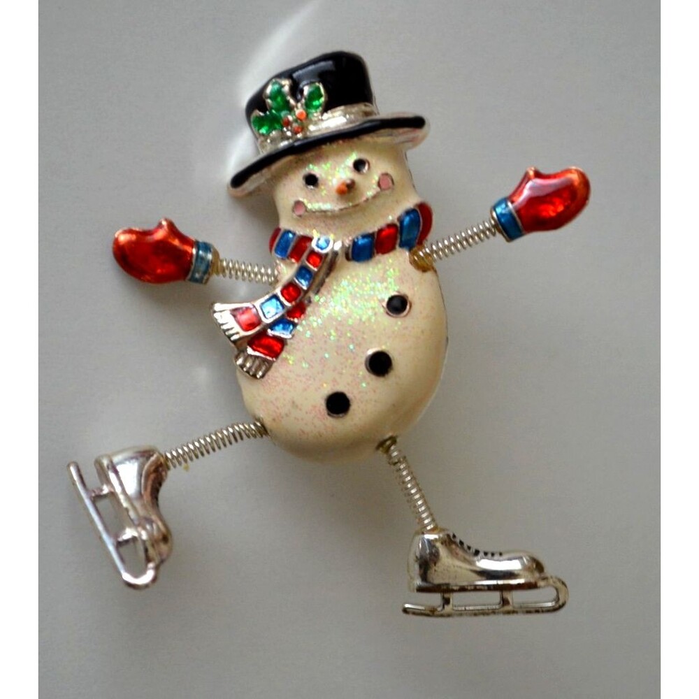 Danecraft Ice Skating Skates Snowman Brooch Pin Top Hat Scarf Trembler Legs Arms